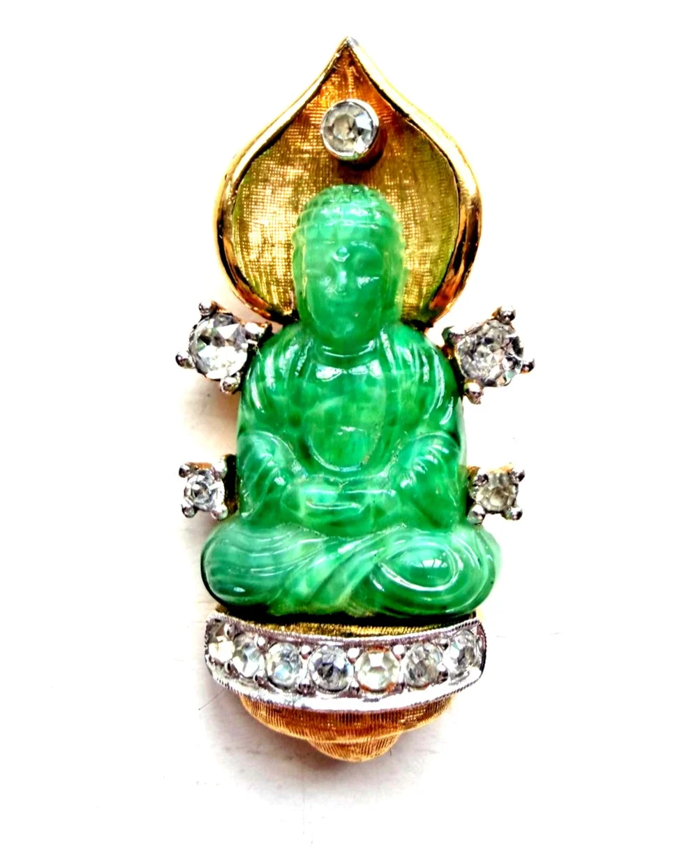 Vtg Unsigned Jomaz Gold Tone, Jadeite & Rhinestone Buddha Brooch